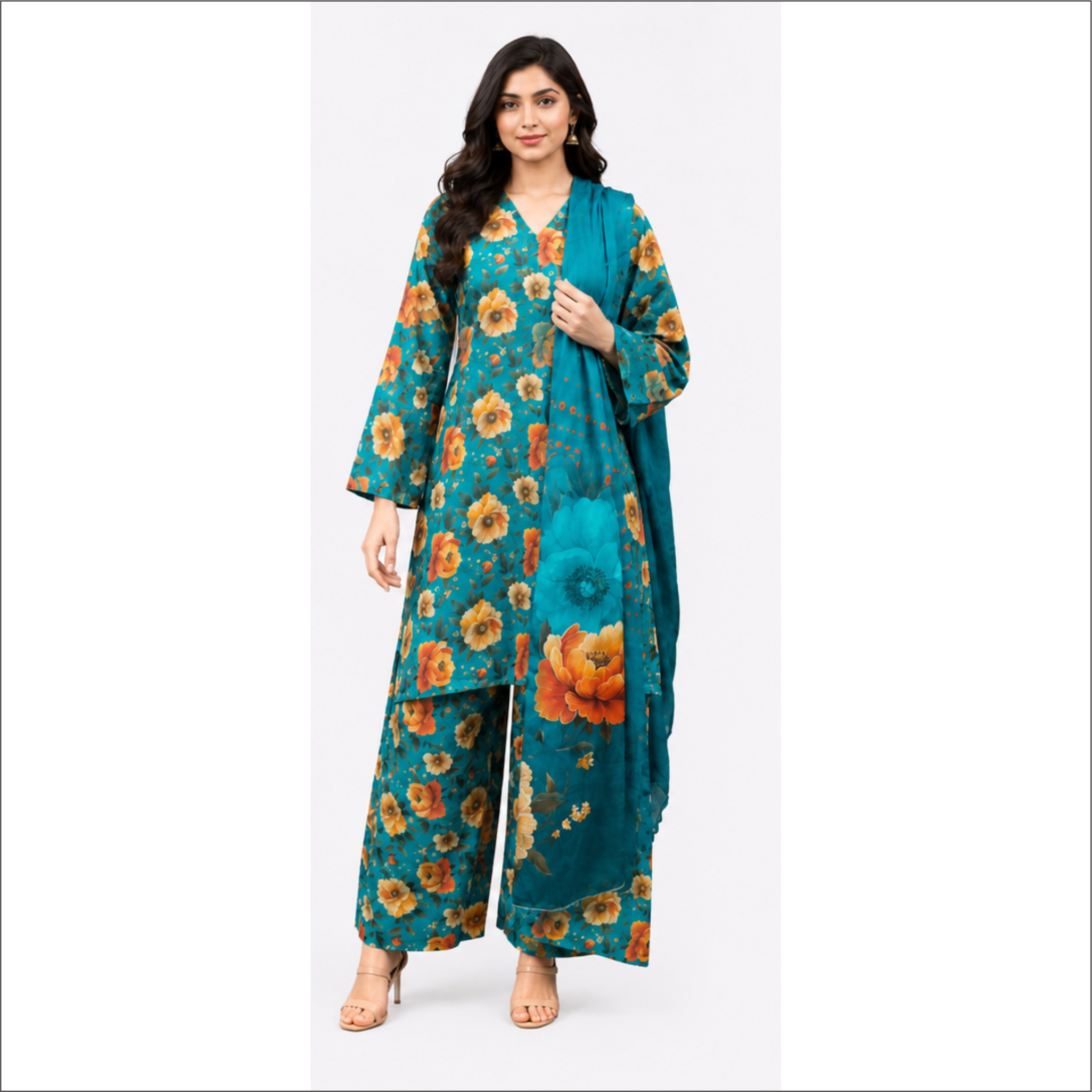 Turquoise Blossom Premium Lawn 3 Piece