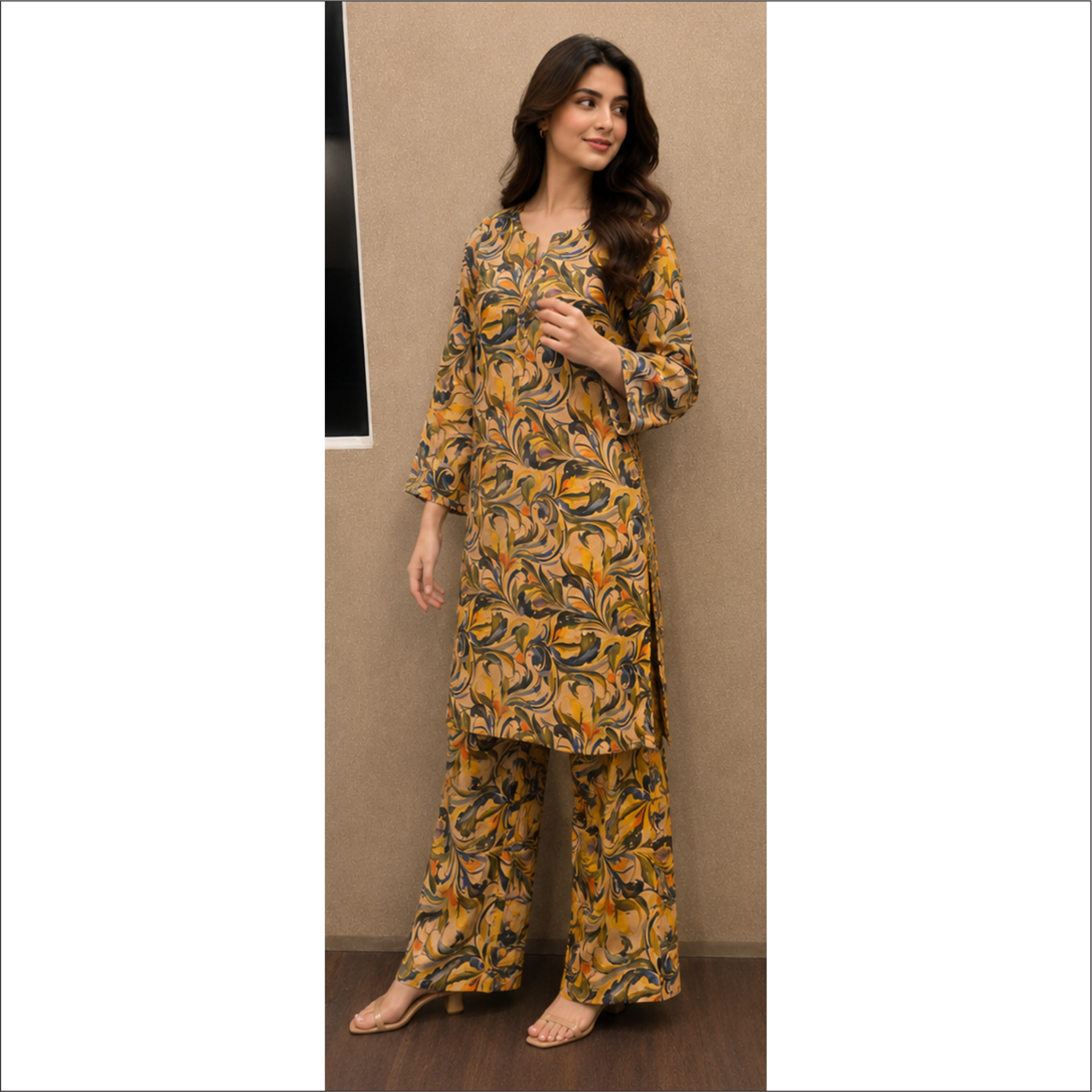 Golden Abstract Printed Co-Ord Set – 2 Piece Premium Lawn