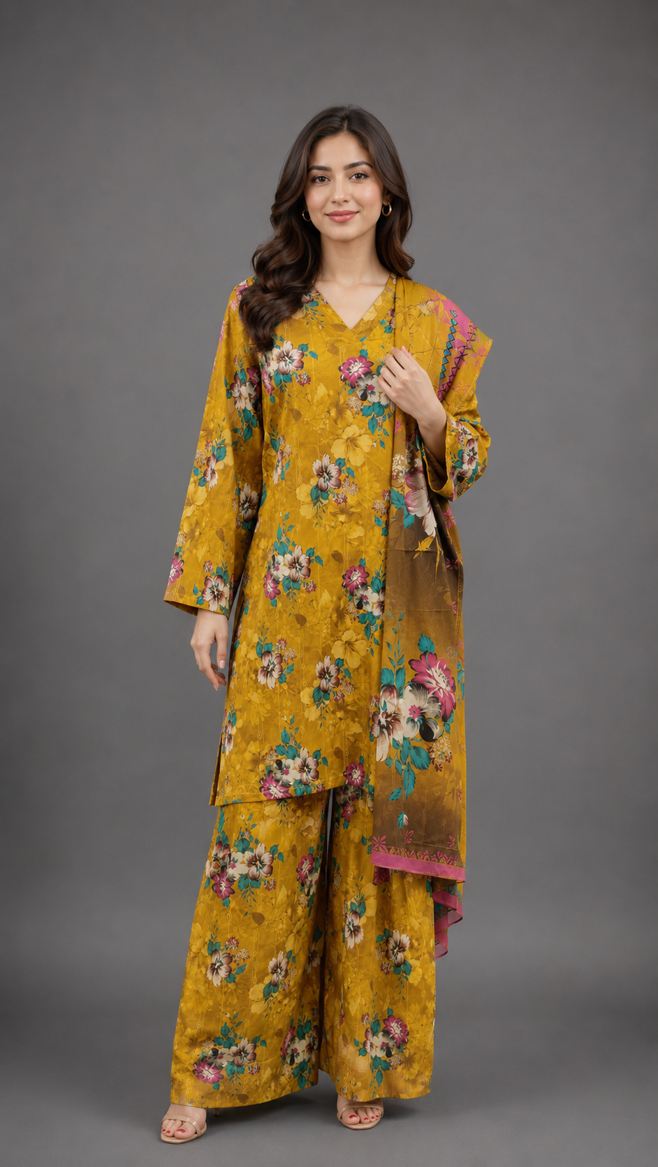 LAWMAN 3 Piece Stitched – Floral Mustard Lawn Suit
