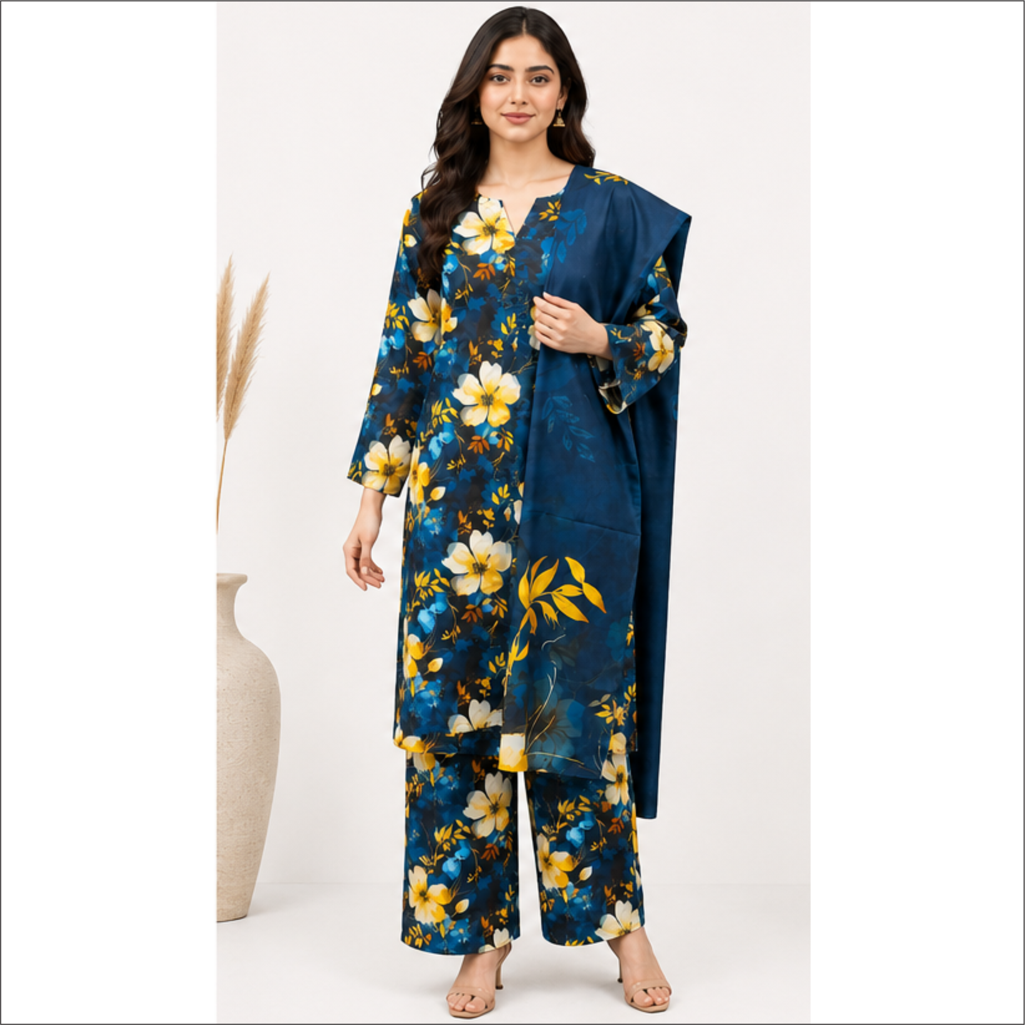 Navy Blue Floral Prints 3 Piece Lawn