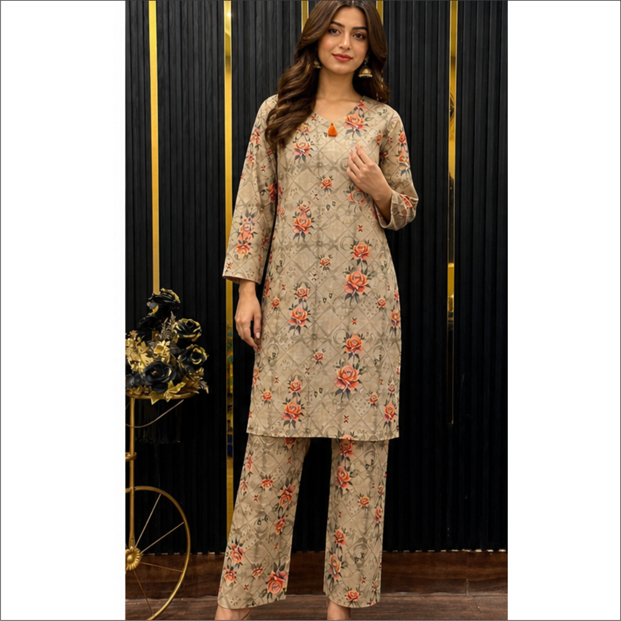 Beige Rose Printed Co-Ord Set – Elegant Everyday Sophistication