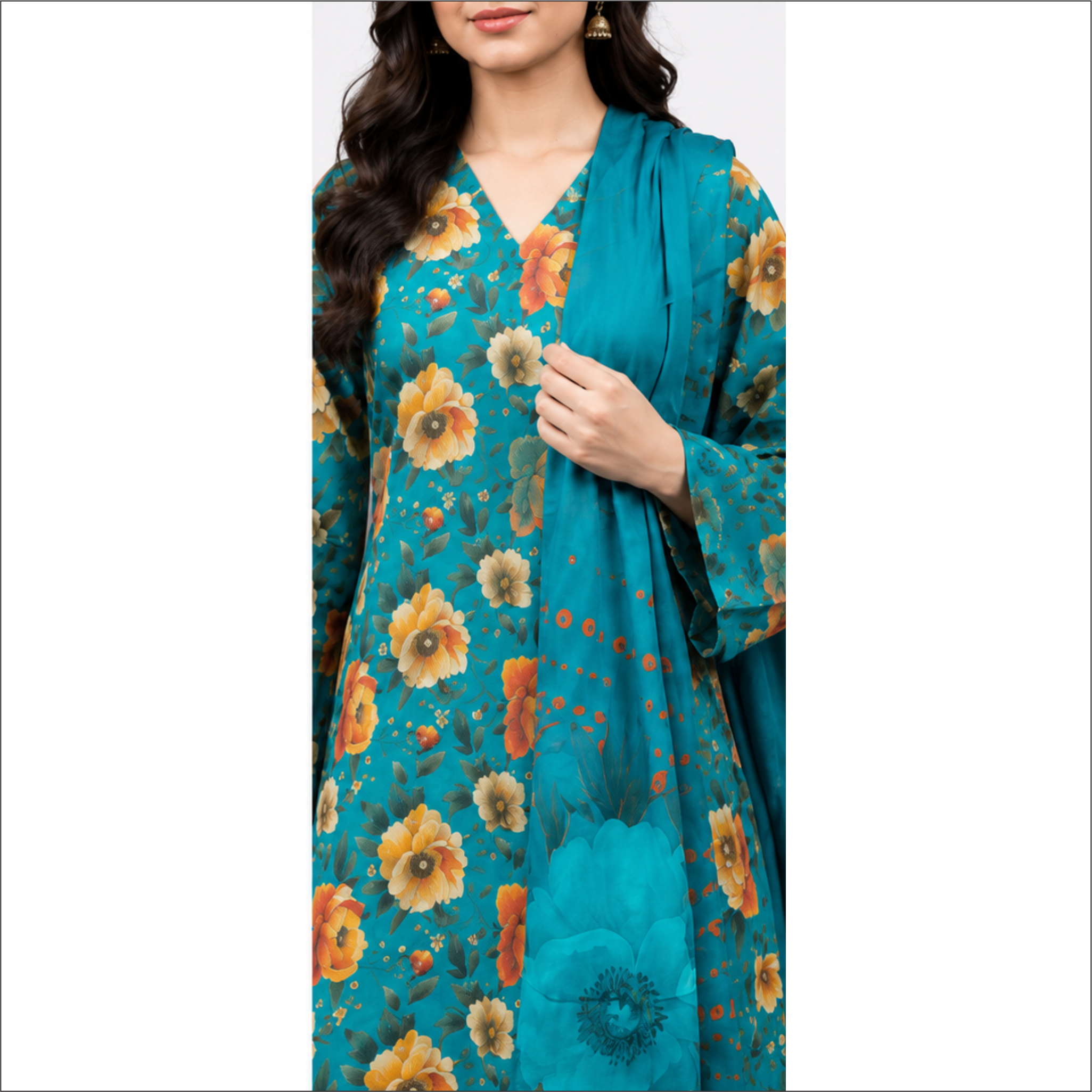 Turquoise Blossom Premium Lawn 3 Piece