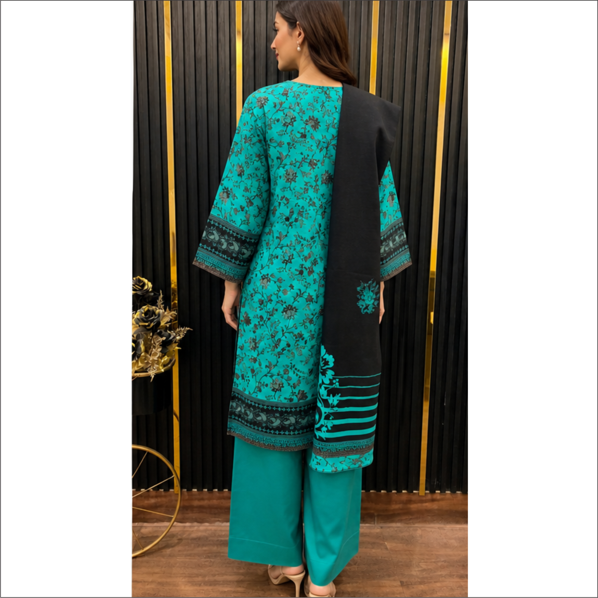 Premium Printed Lawn 3 Piece Suit – Teal Black Elegance