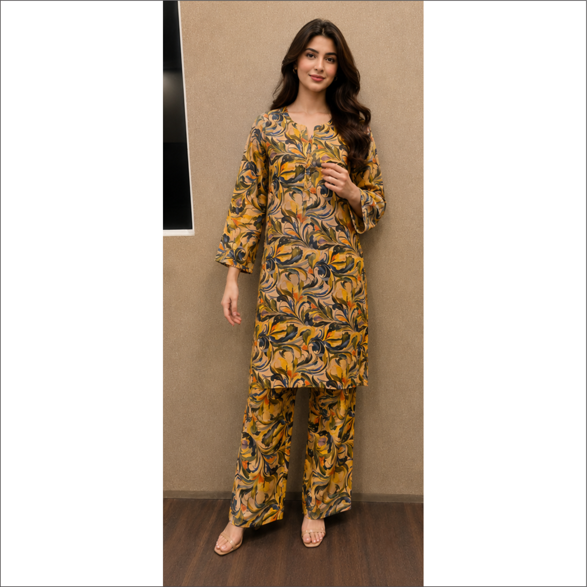 Golden Abstract Printed Co-Ord Set – 2 Piece Premium Lawn