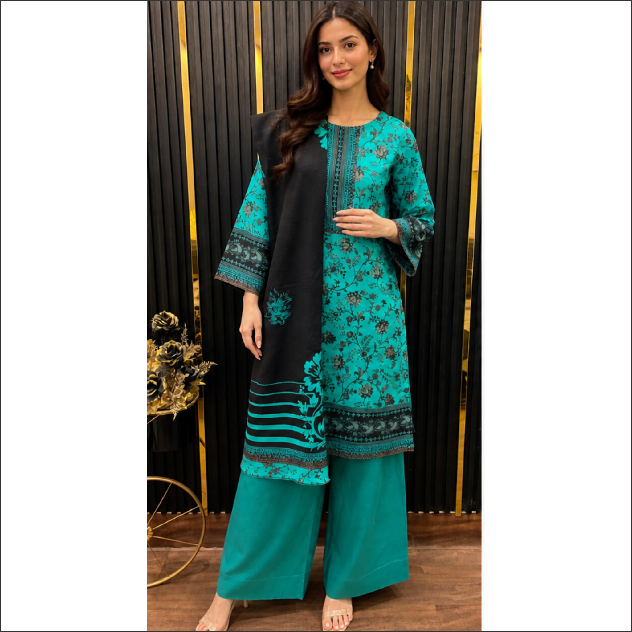 Premium Printed Lawn 3 Piece Suit – Teal Black Elegance