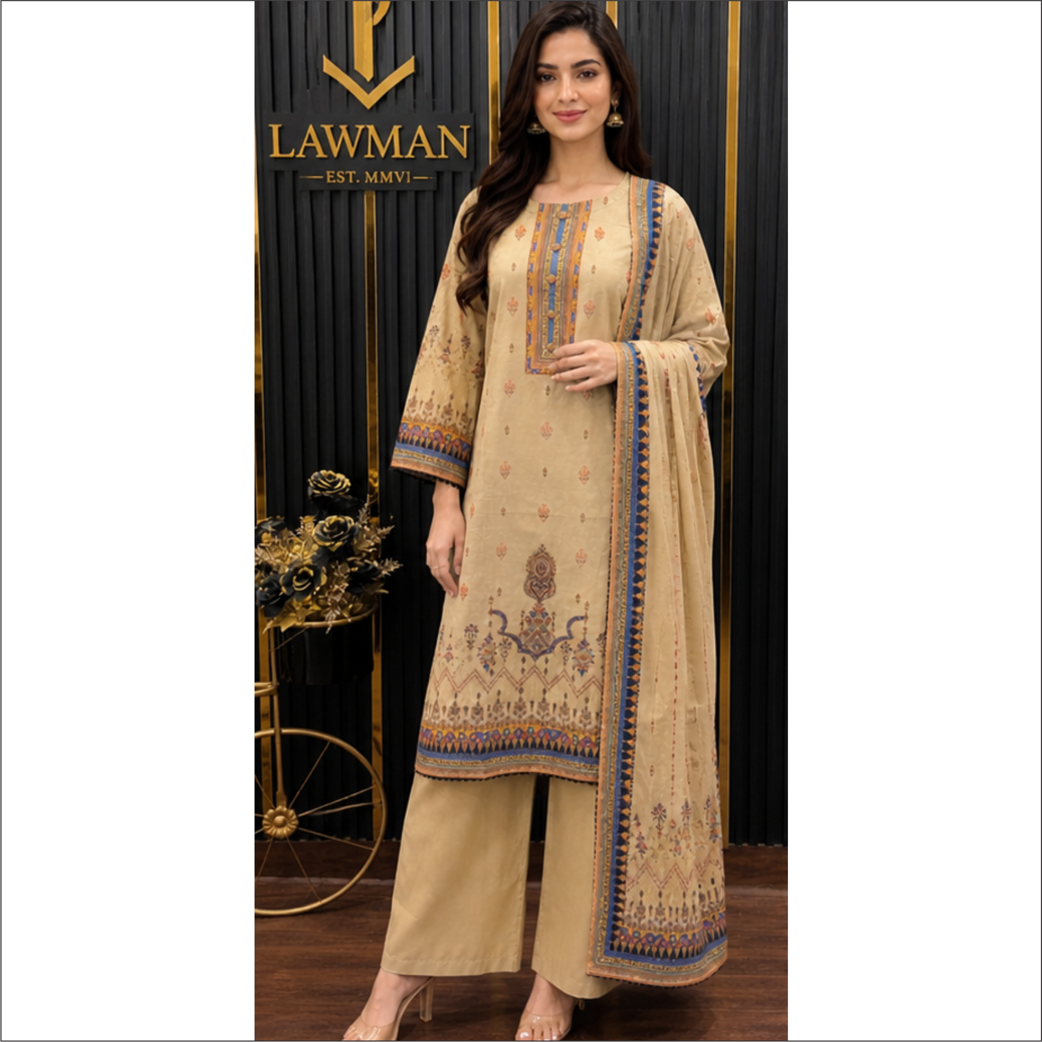 Premium Printed Lawn 3 Piece Suit – Beige Classic