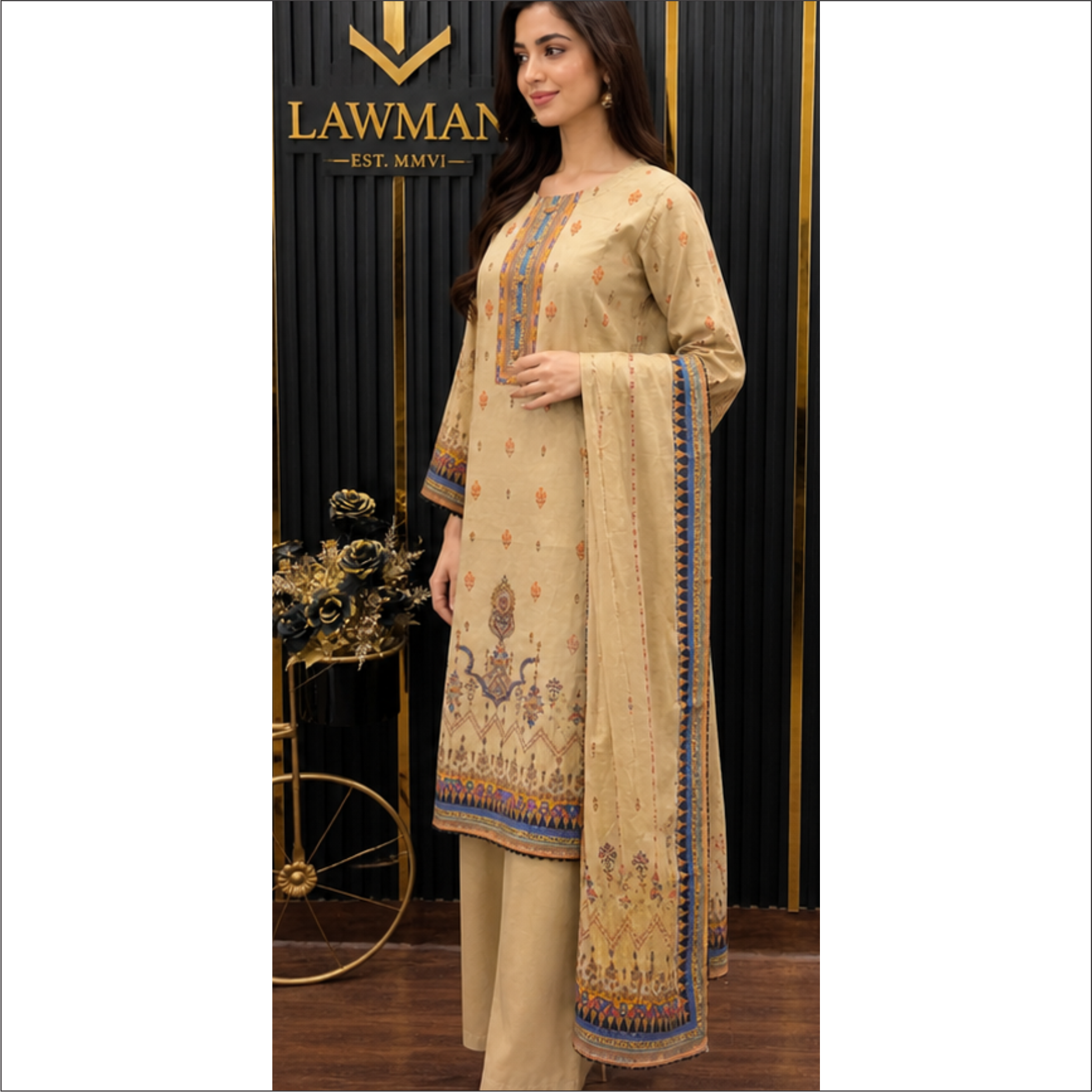 Premium Printed Lawn 3 Piece Suit – Beige Classic