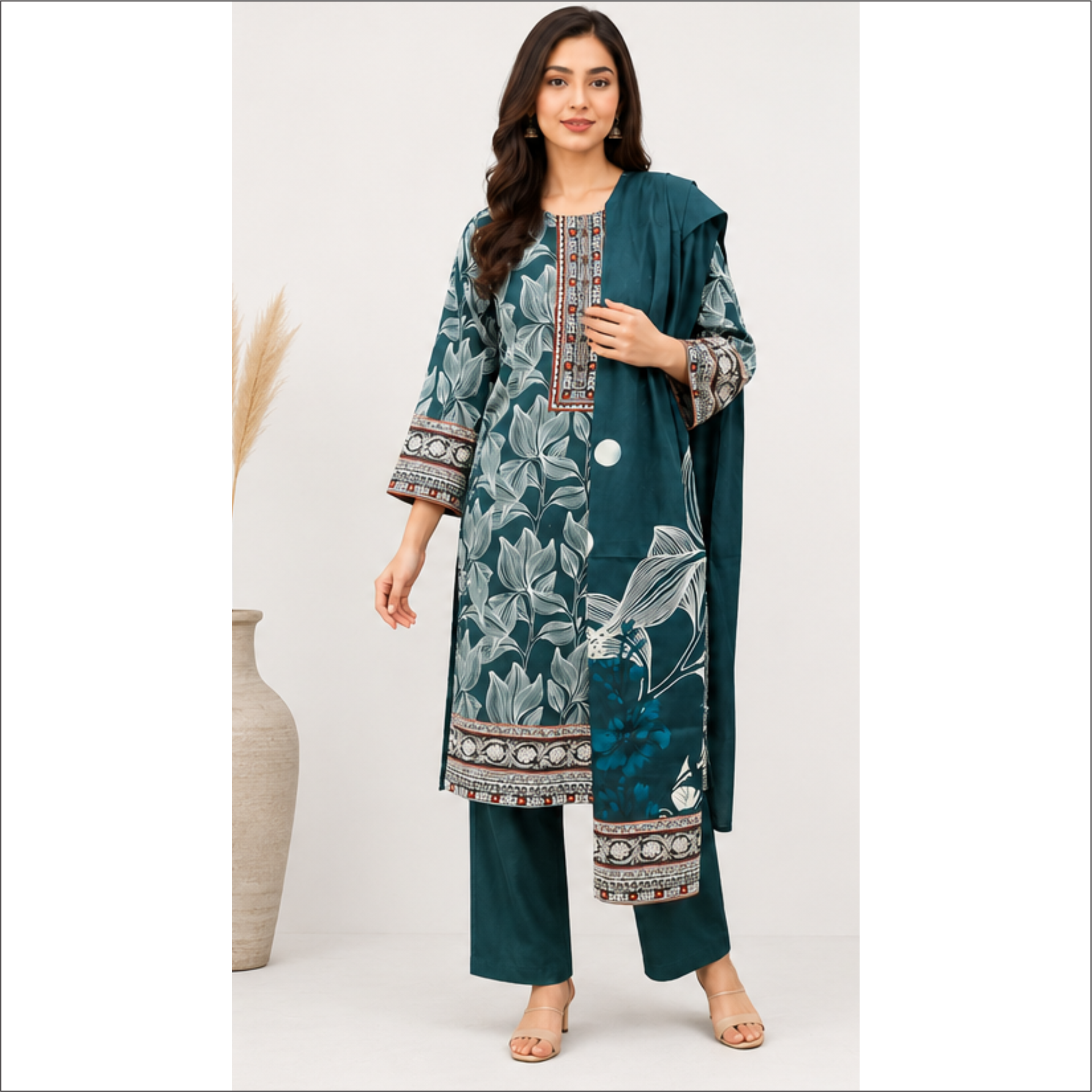 Teal Green 3 Piece Lawn Suit