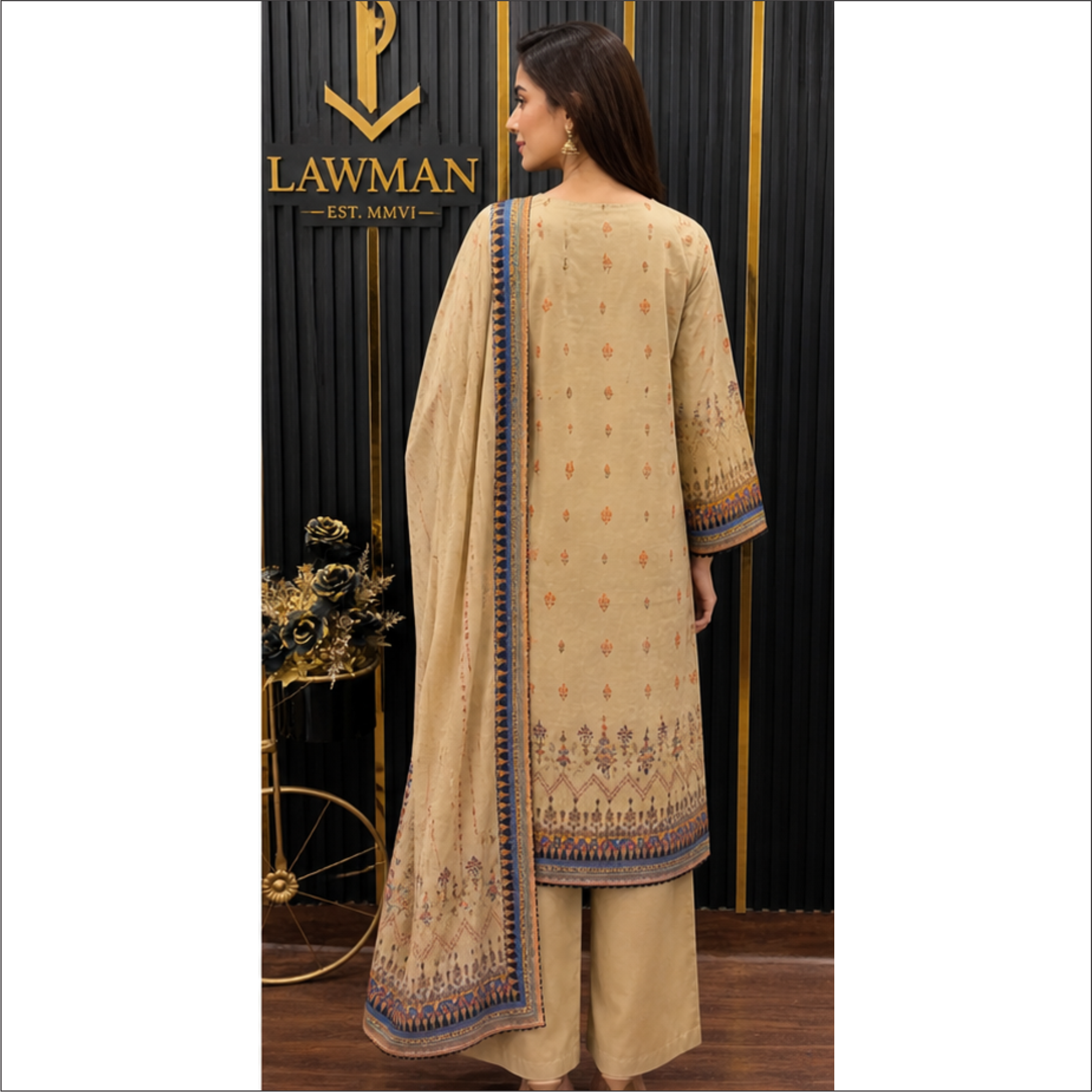 Premium Printed Lawn 3 Piece Suit – Beige Classic