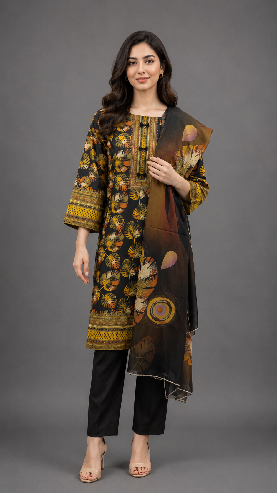 LAWMAN 3 Piece Stitched – Elegant Black Printed Lawn Suit