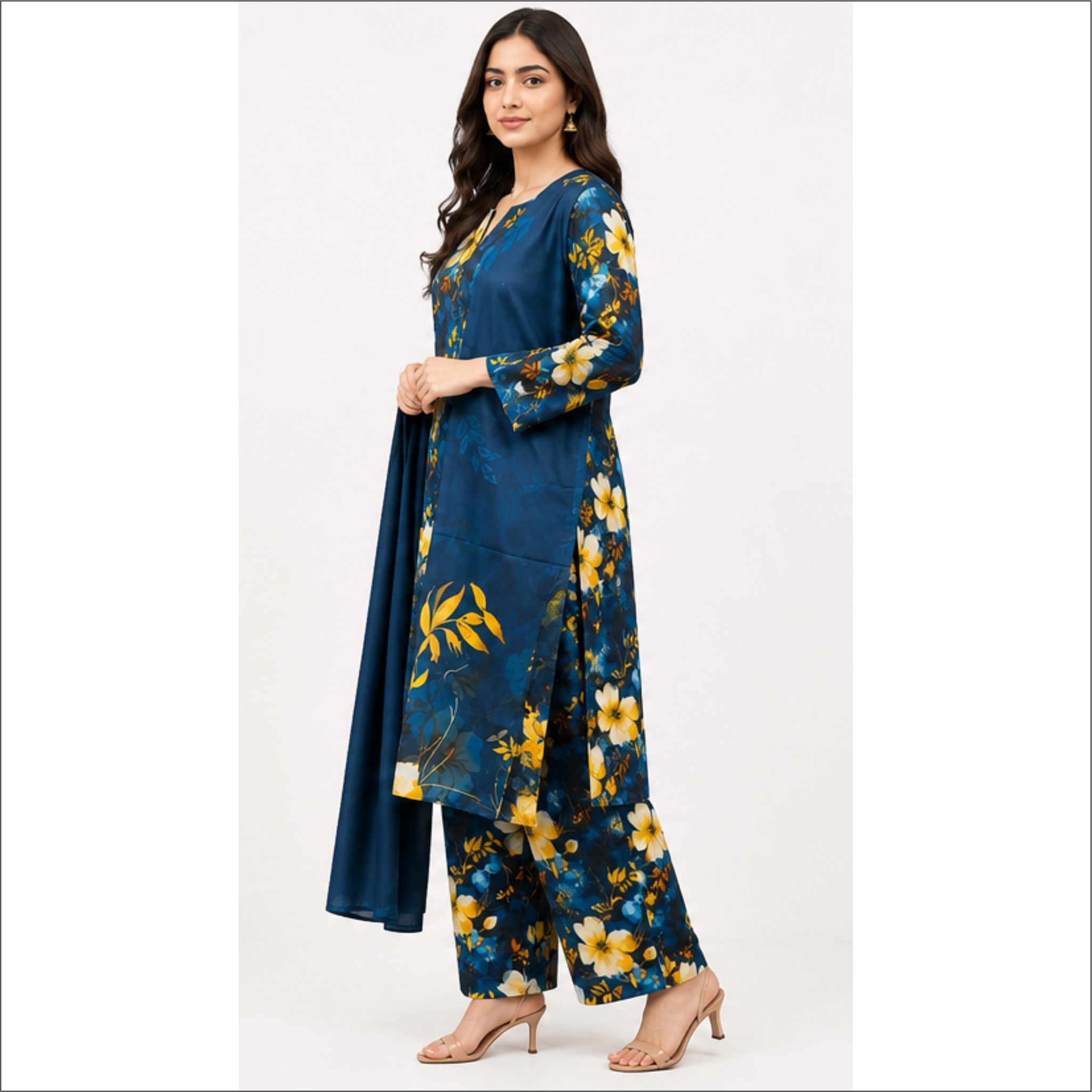 Navy Blue Floral Prints 3 Piece Lawn