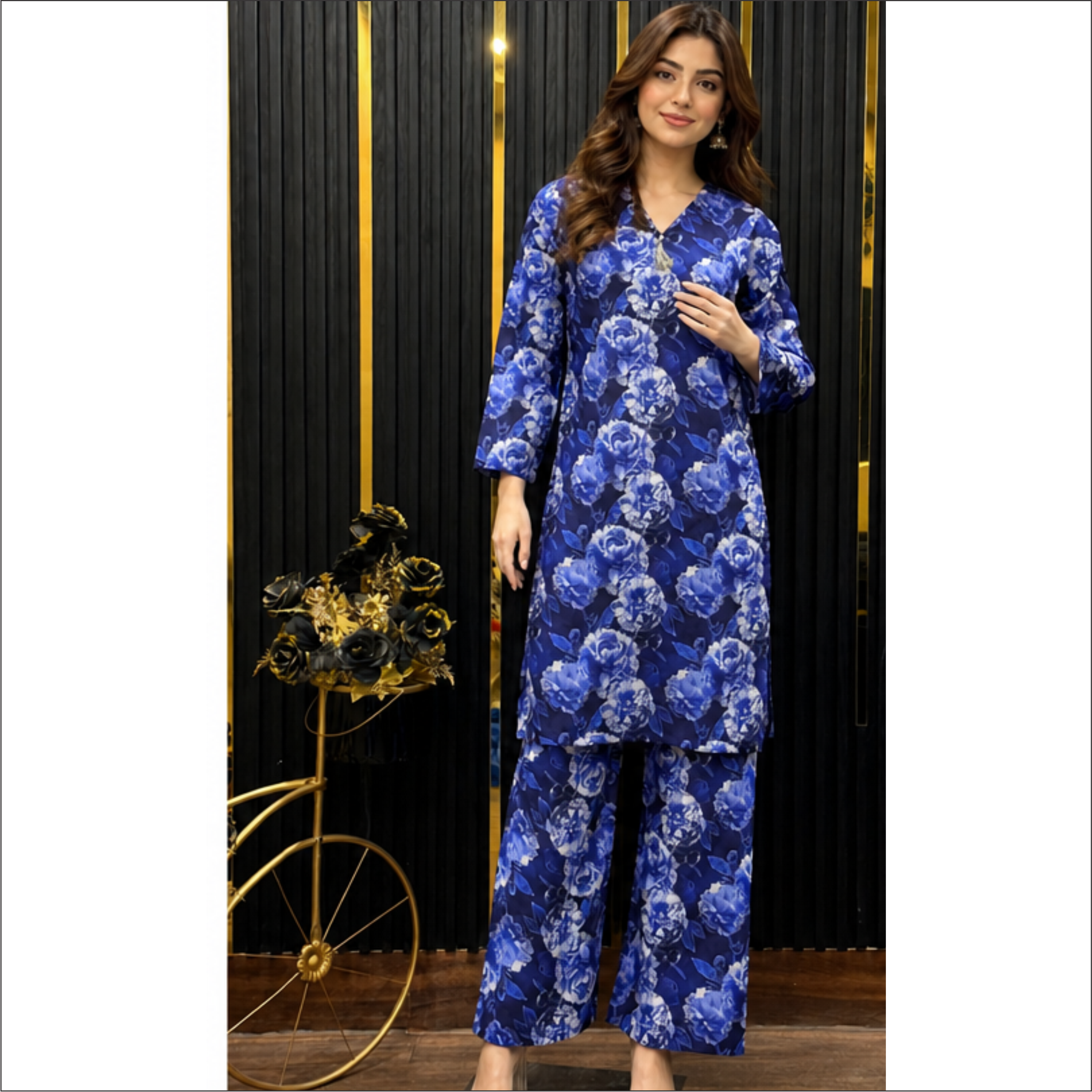 Royal Blue Floral Co-Ord Set – Graceful Everyday Fashion
