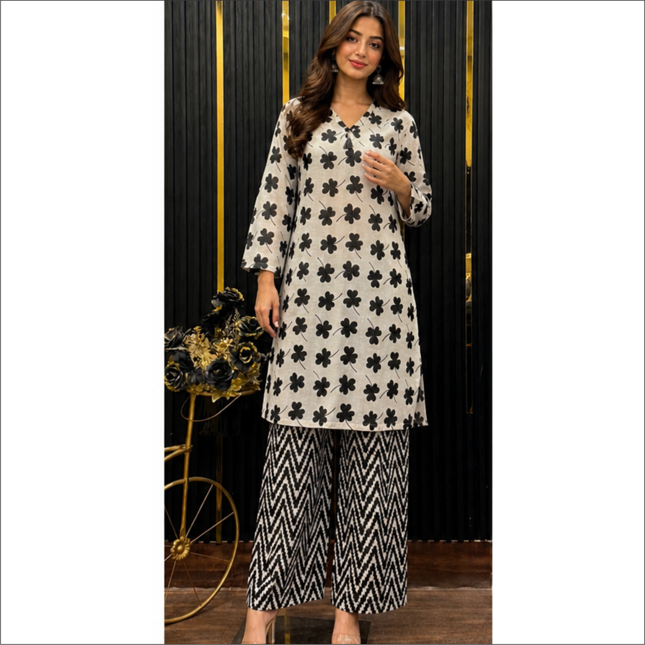 Monochrome Floral Co-Ord Set – Chic Modern Elegance