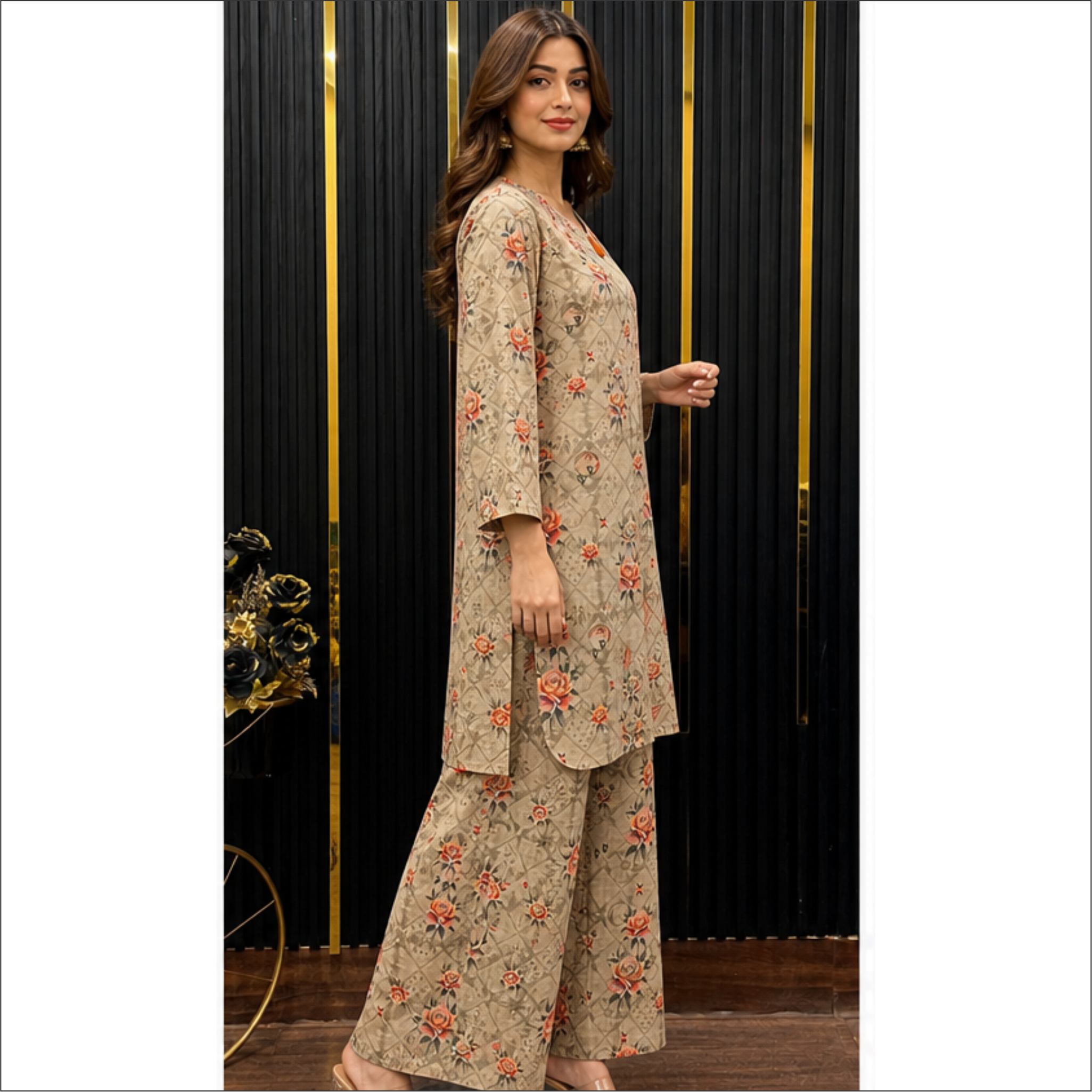 Beige Rose Printed Co-Ord Set – Elegant Everyday Sophistication