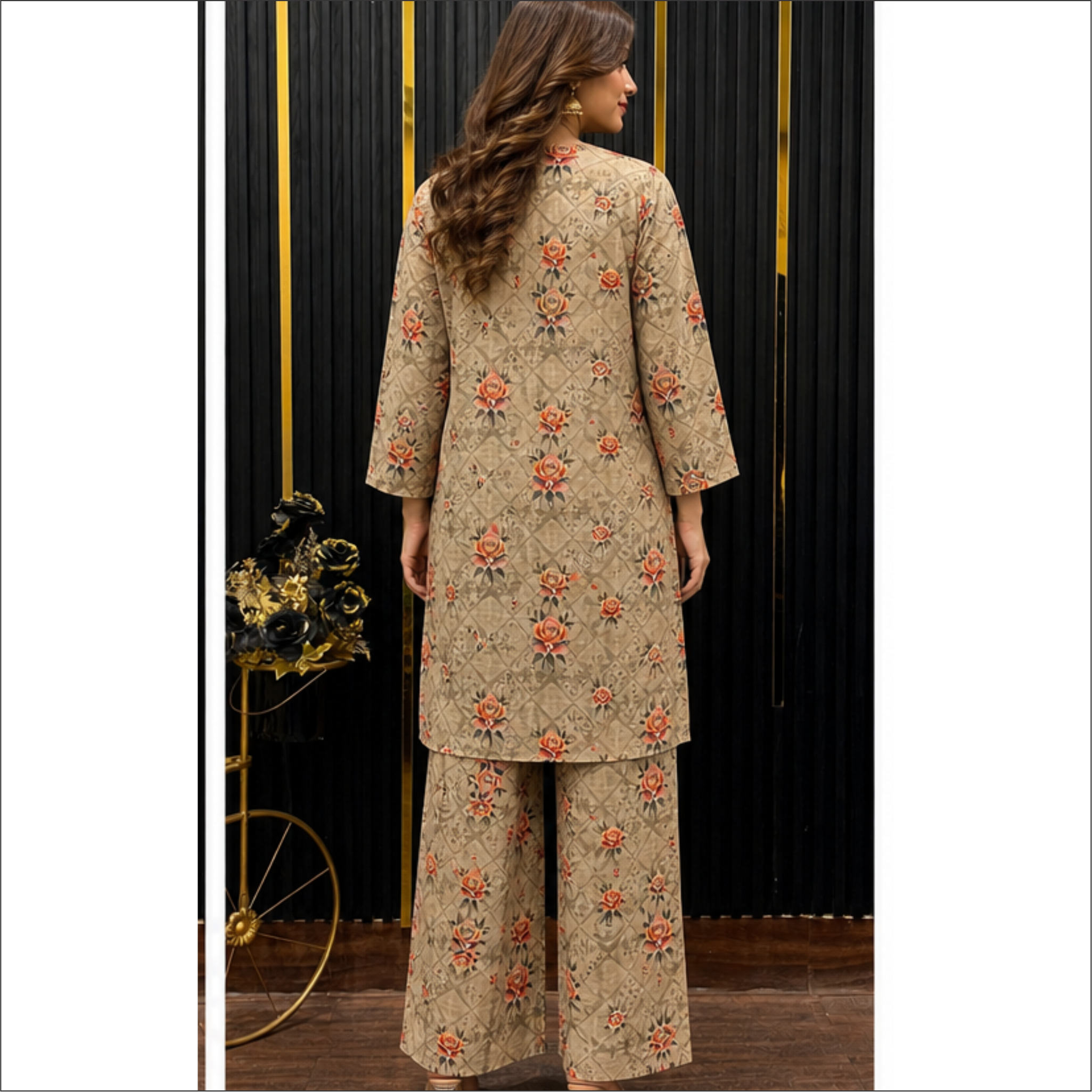 Beige Rose Printed Co-Ord Set – Elegant Everyday Sophistication